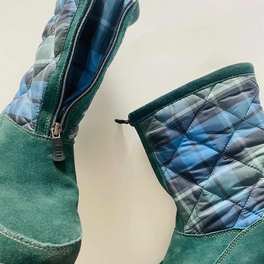Lands’ End Vintage Green & Blue Plaid Suede Zip Winter Booties